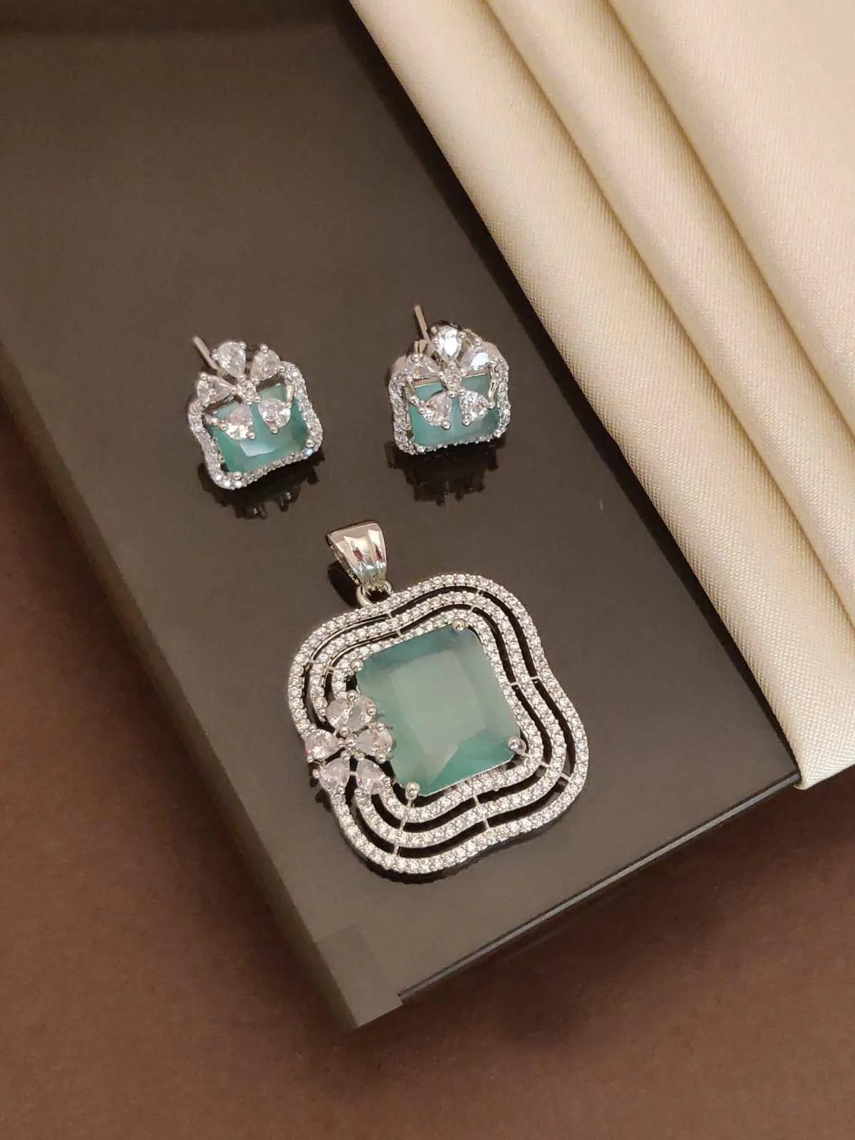 Mint Green American Diamond Pendant Set