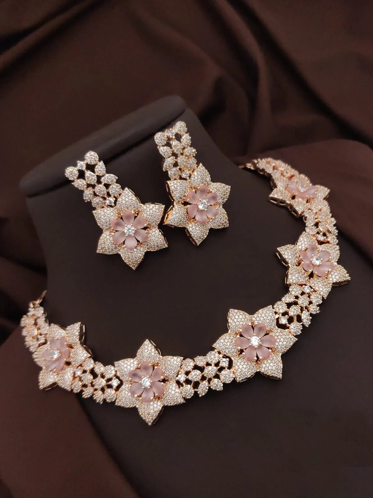 Rose Gold-Plated 3D Floral Necklace Set with Pink Stone