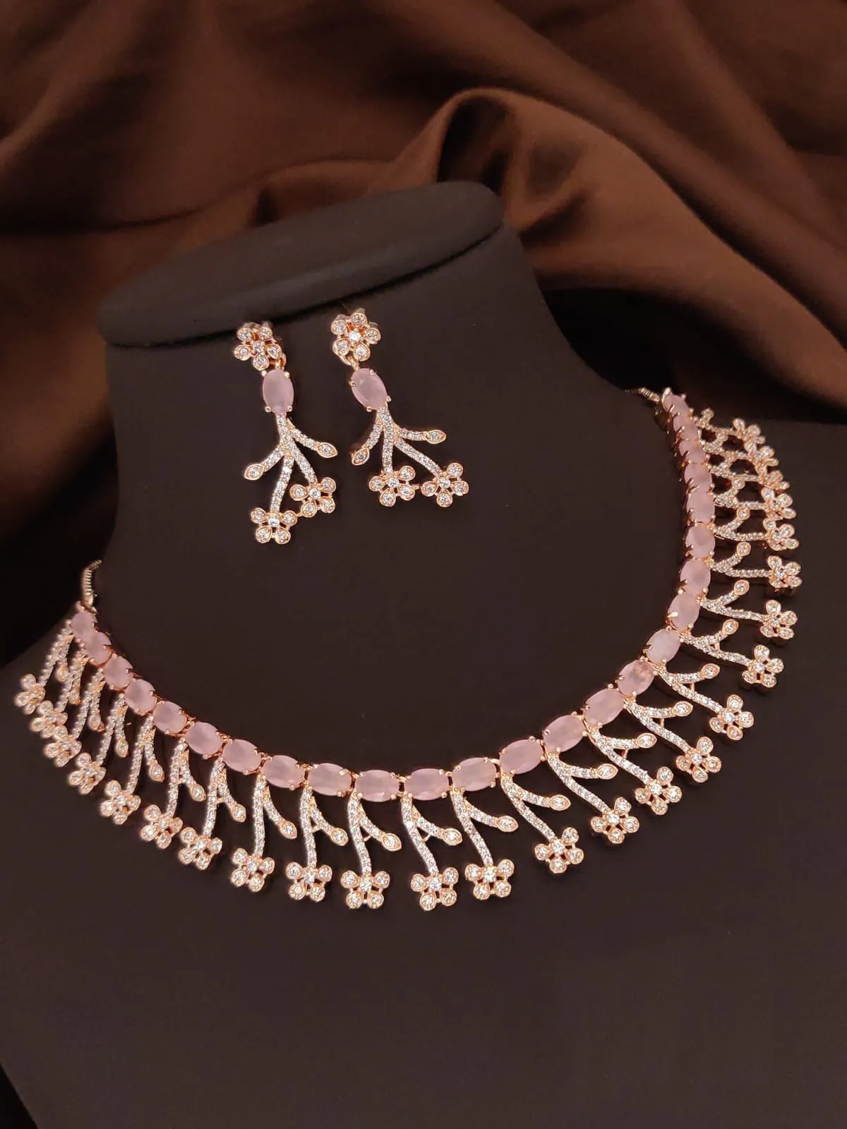 Rose Gold-Plated Pink Floral Crystal Necklace Set with Branch Earrings
