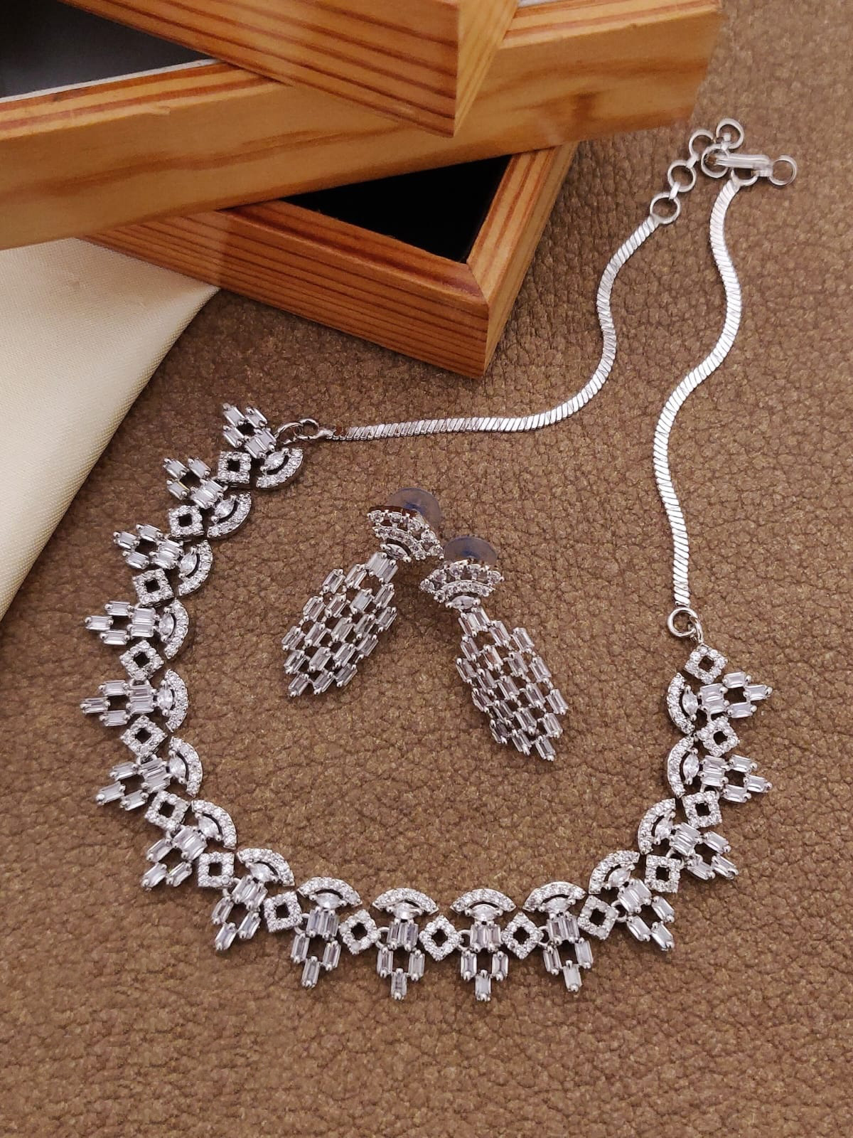 Contemporary Rhodium-Finished Faux Diamond Choker Set with Earrings