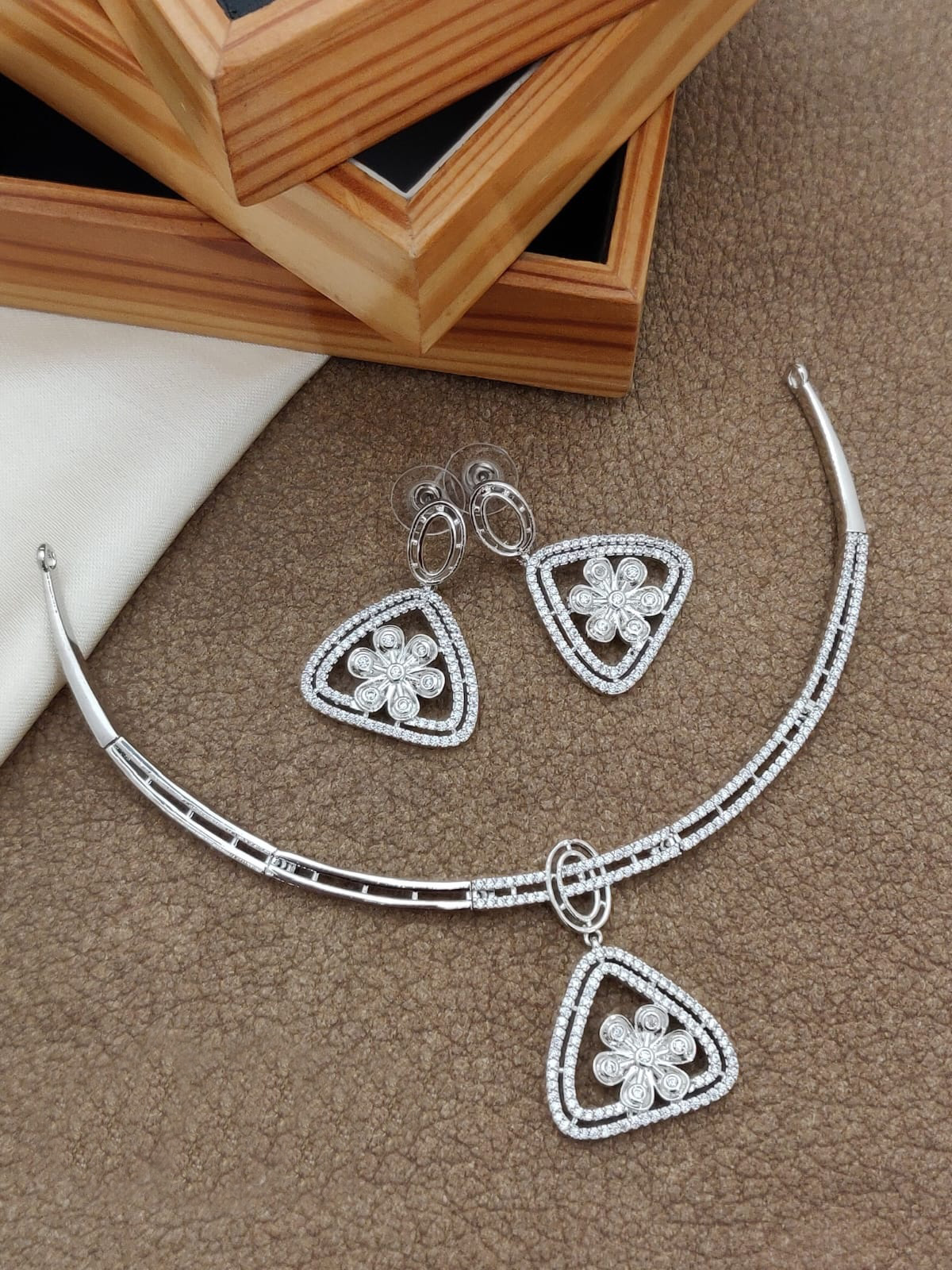 Sparkling Cubic Zirconia Floral Triangle Necklace Set With Earrings