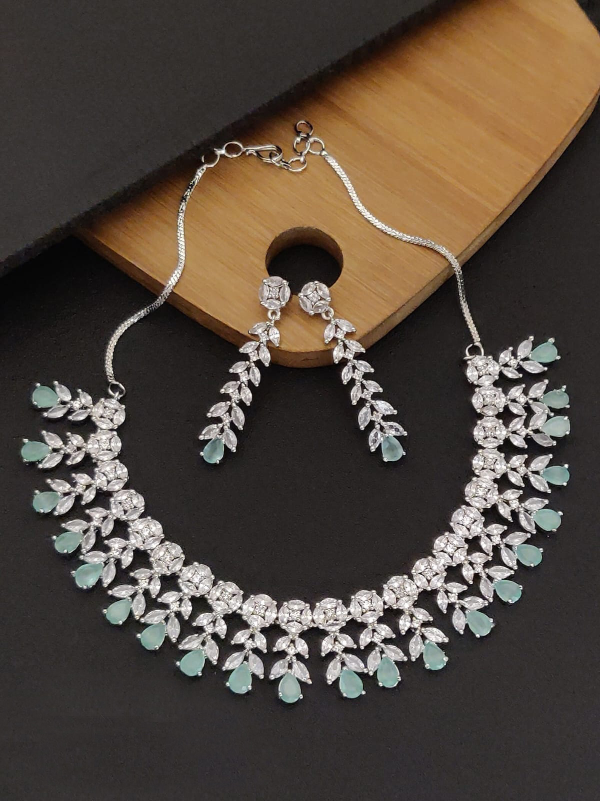 Mint Green Pastel Stone Floral Leaf Necklace Set with Drop Earrings