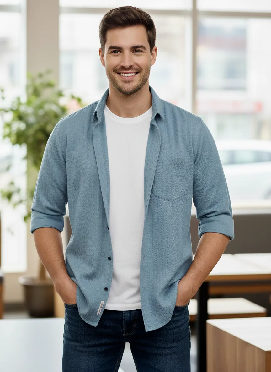 Dusty Blue Important Fabric Designer Half-Sleeve Shirt