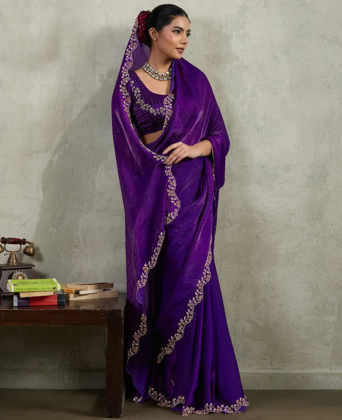 Purple Velvet Chiffon Precision Work Designer Saree