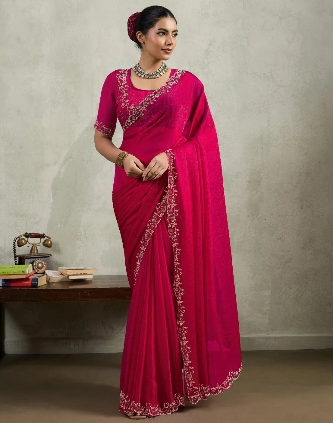Red Velvet Chiffon Precision Work Designer Saree