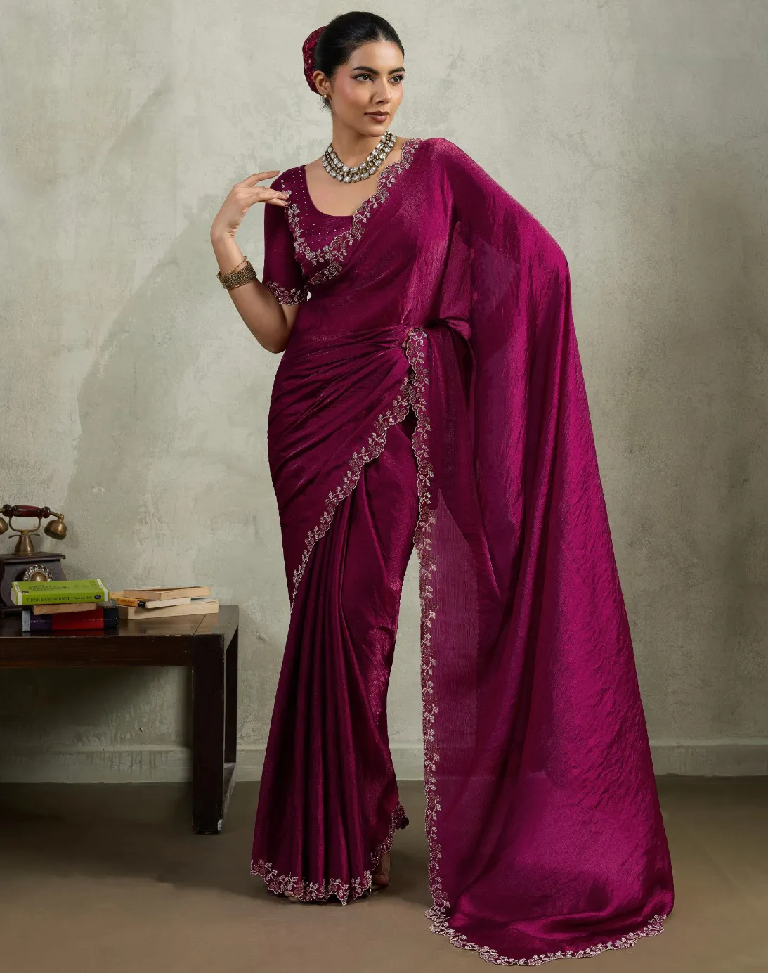 Wine Velvet Chiffon Precision Work Designer Saree