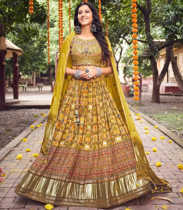 Yellow Gaji Silk Embroidery Mirror Work Designer Lehenga