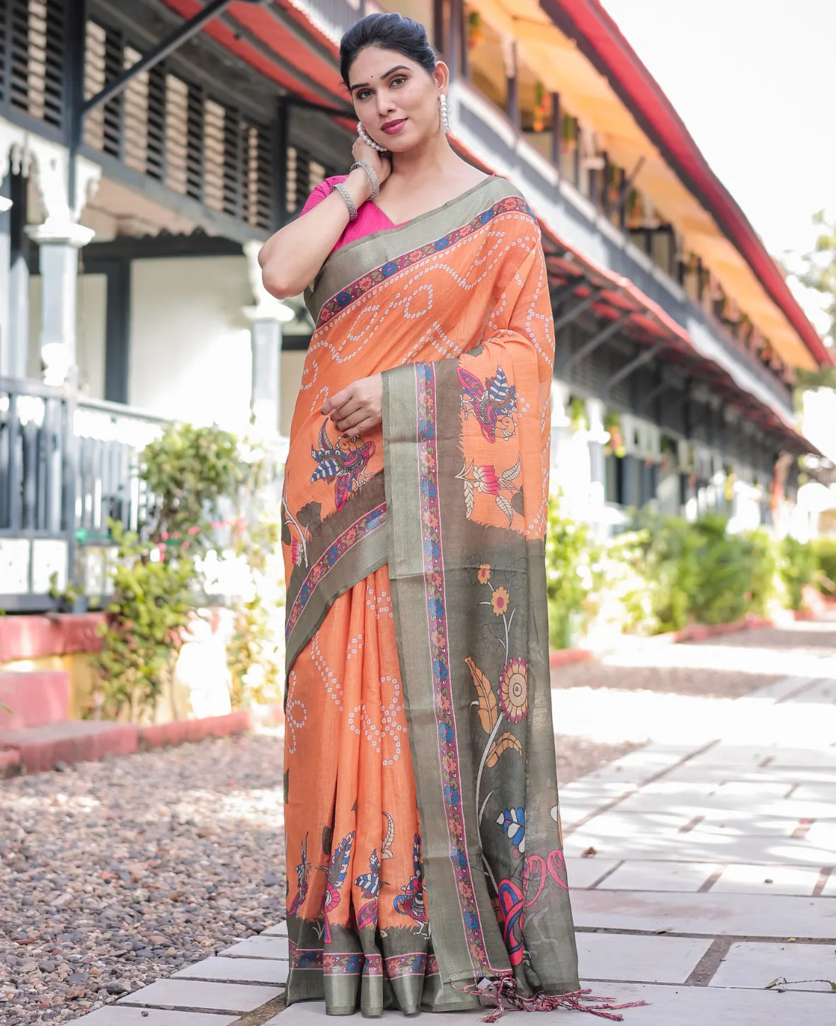Orange Linen Cotton Kalamkari Printed Saree