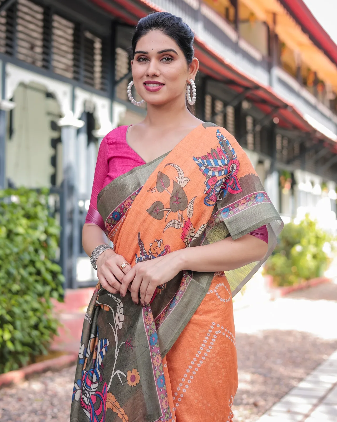 Orange Linen Cotton Kalamkari Printed Saree - Image 3