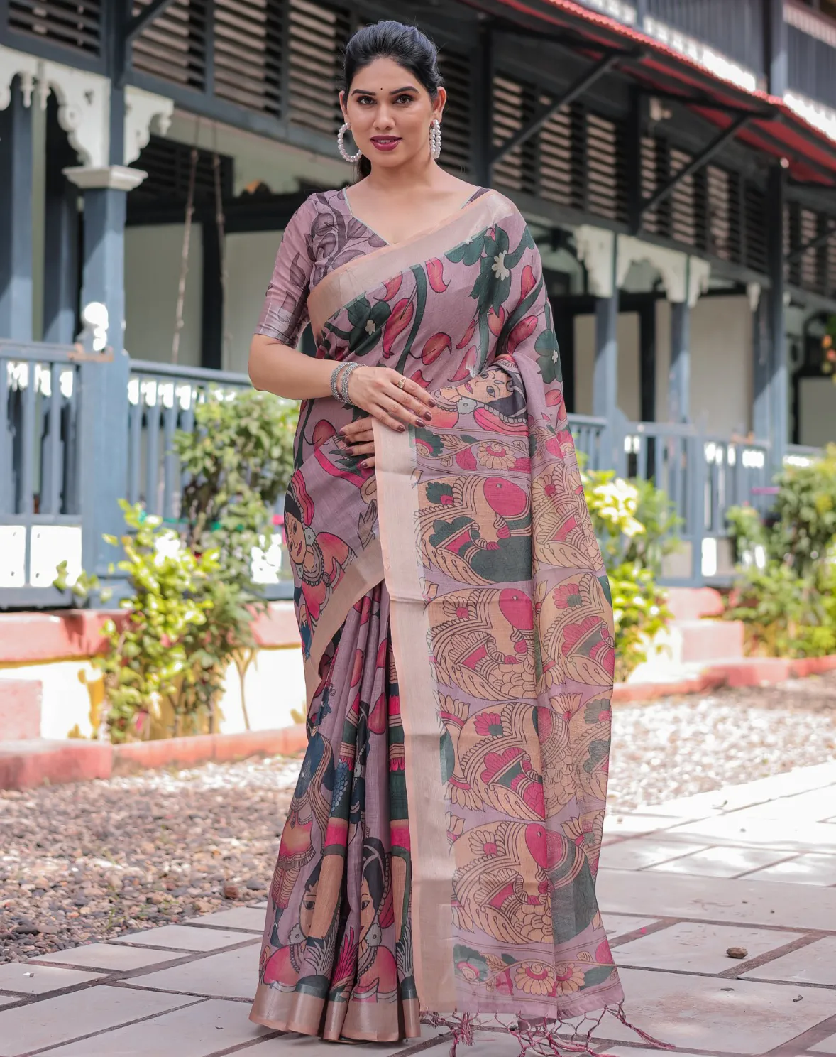 Mauve Linen Cotton Madhubani Printed Saree