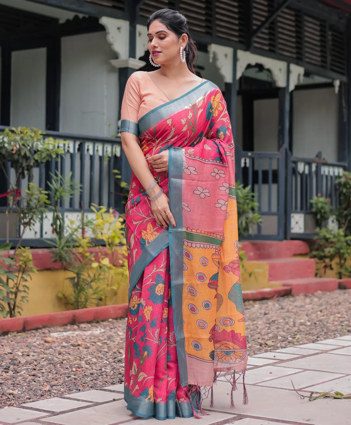 Pink Linen Cotton Floral Printed Saree