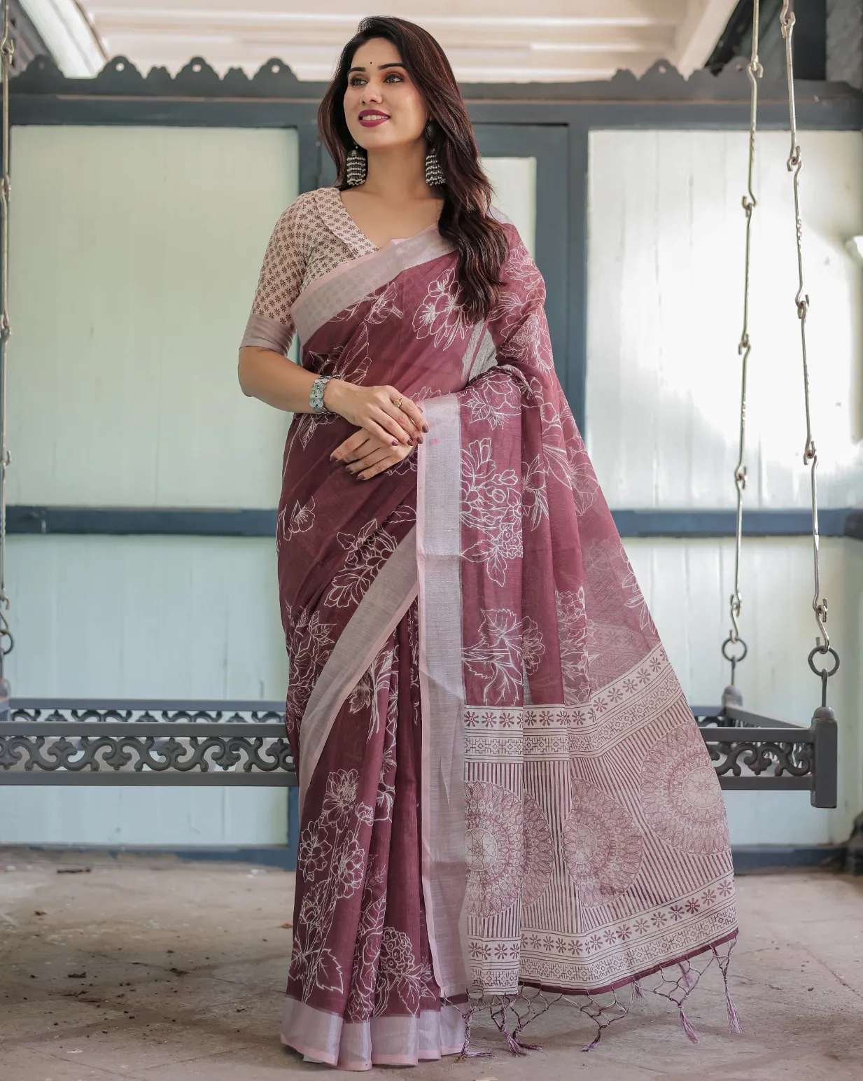 Maroon Linen Cotton Floral Printed Saree