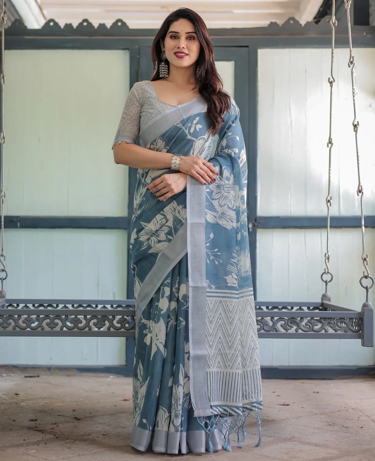 Blue Linen Cotton Floral Printed Saree