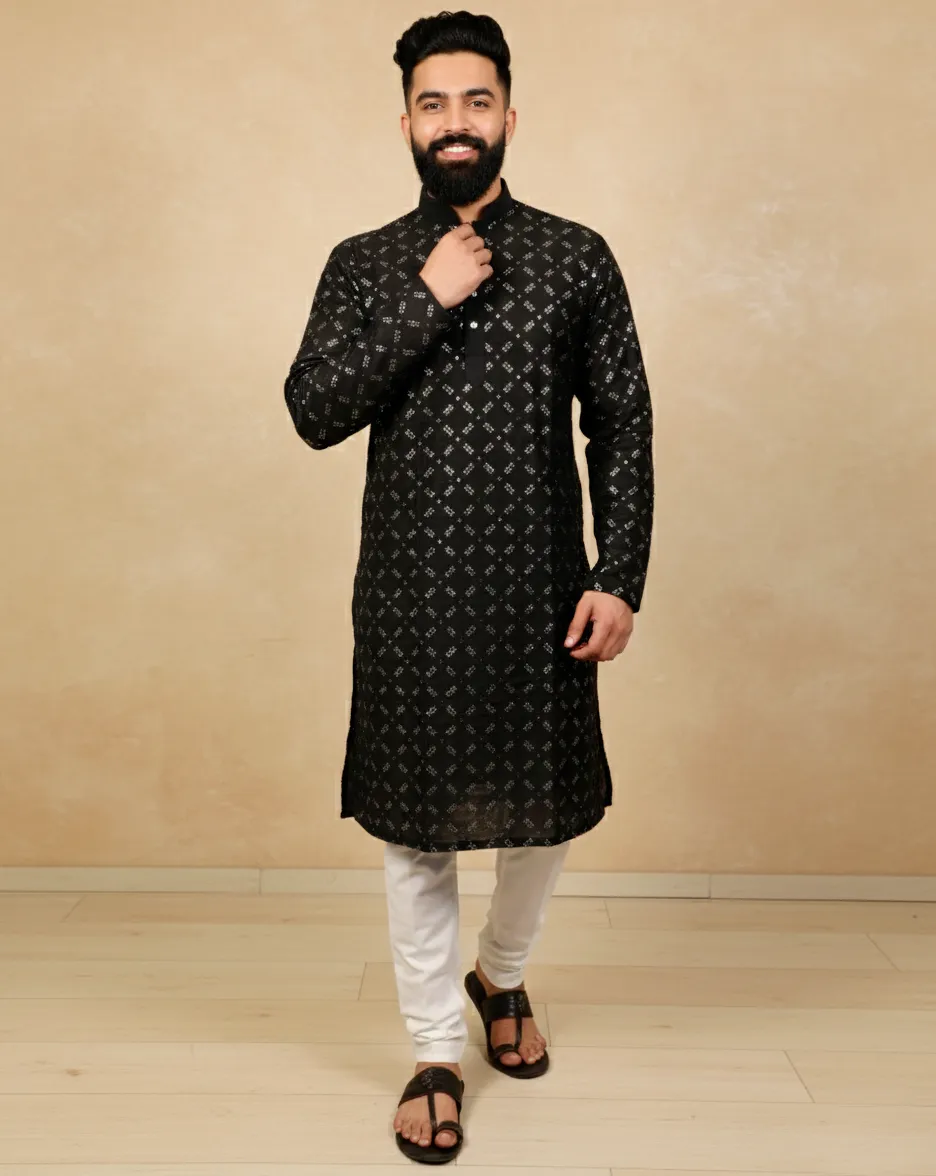 Black Heavy Soft Silk Mirror Work Men's Kurta Pajama
