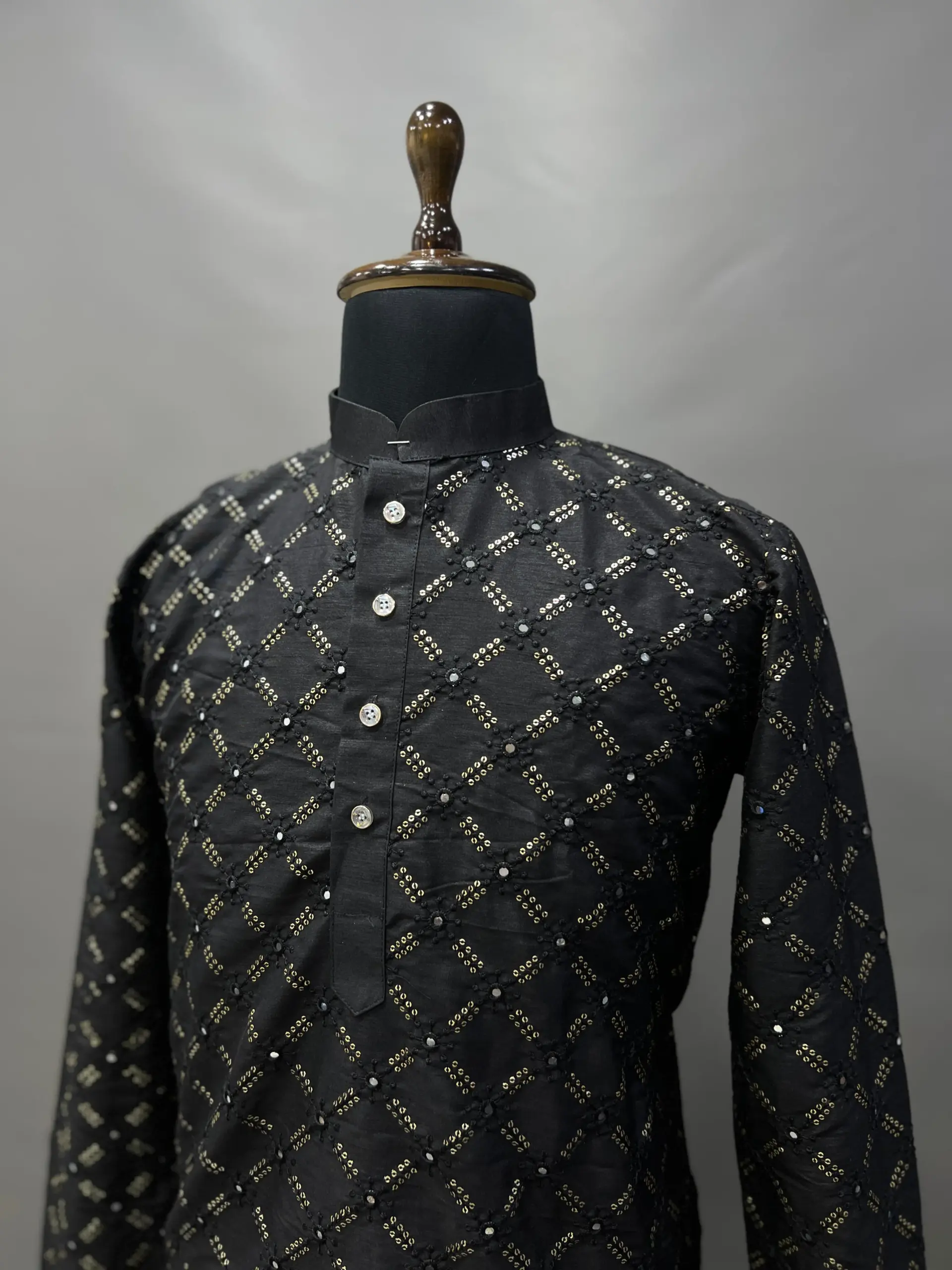 Black Heavy Soft Silk Mirror Work Men's Kurta Pajama - Image 3