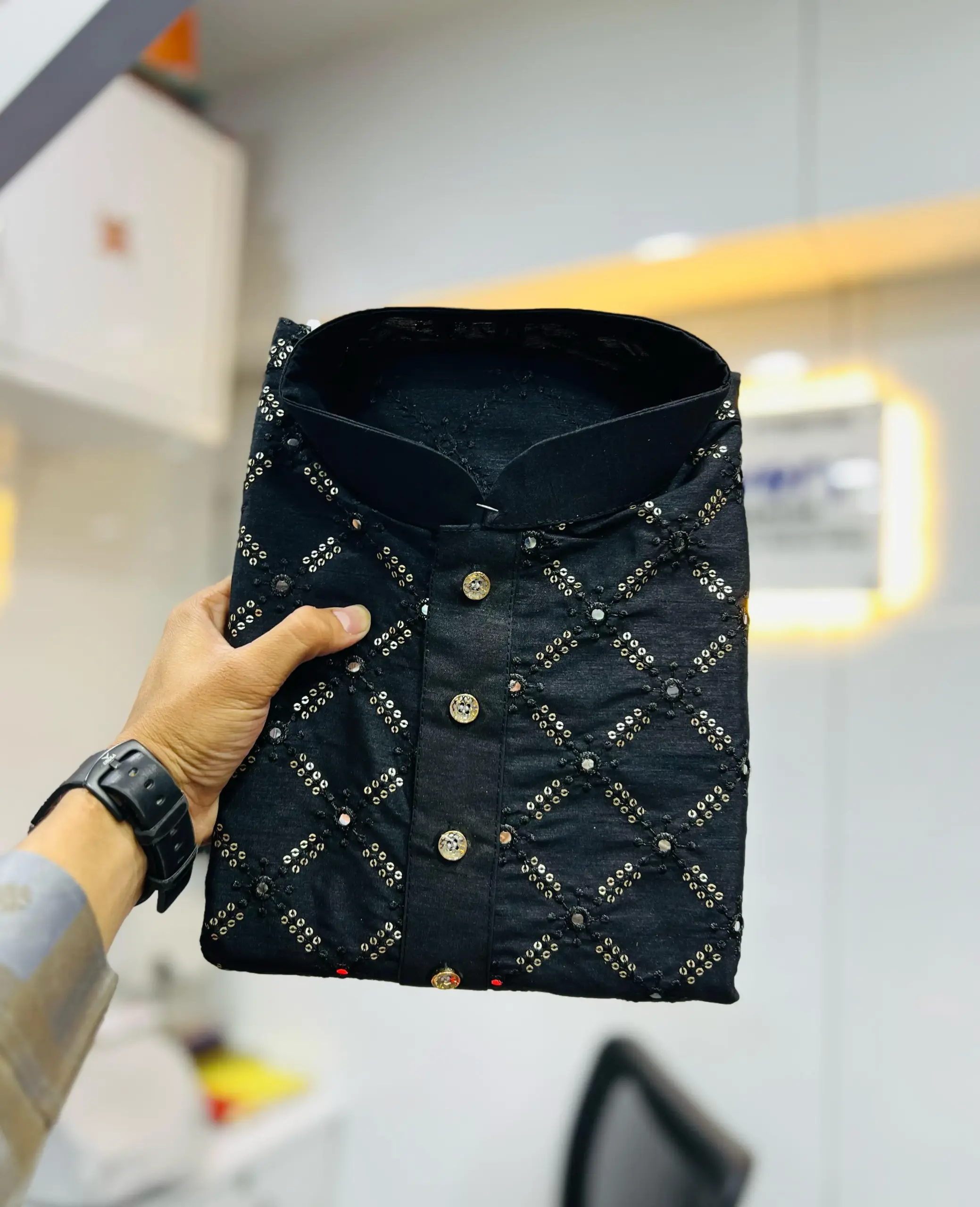 Black Heavy Soft Silk Mirror Work Men's Kurta Pajama - Image 4