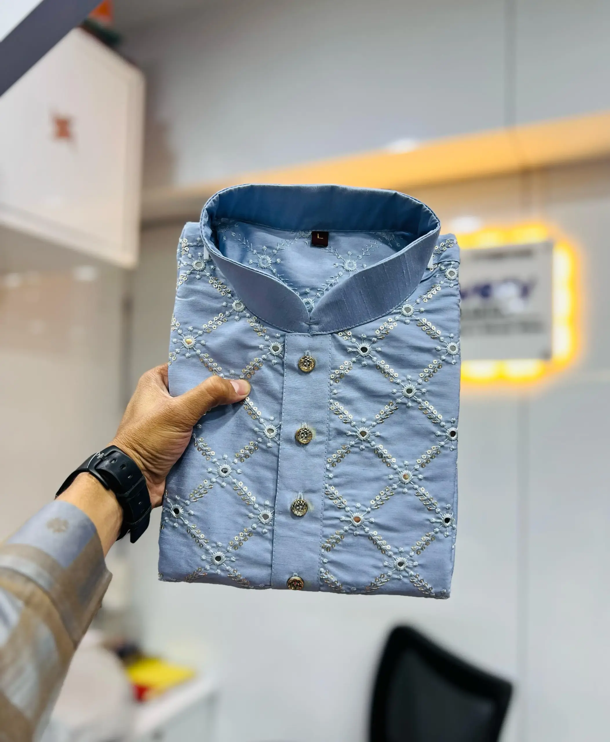 Dusty Blue Heavy Soft Silk Mirror Work Men's Kurta Pajama - Image 2