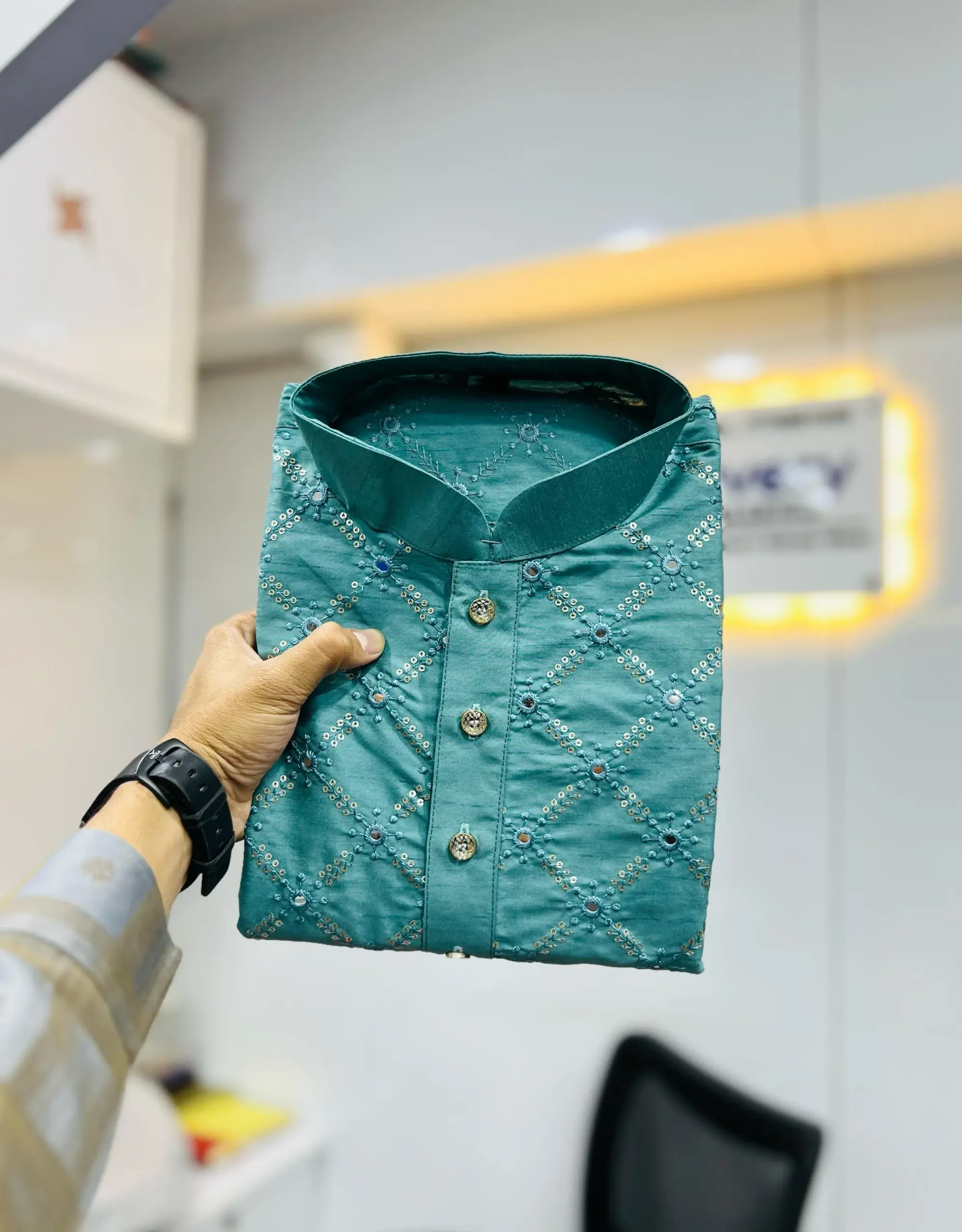 Light Blue Heavy Soft Silk Mirror Work Men's Kurta Pajama - Image 2