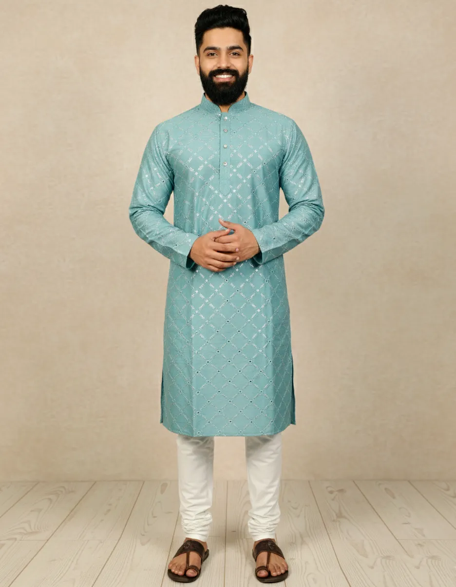 Light Blue Heavy Soft Silk Mirror Work Men's Kurta Pajama