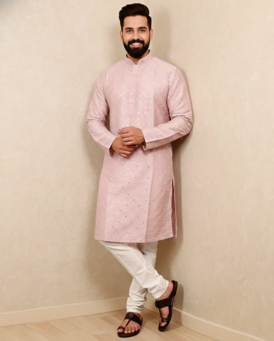 Mauve Heavy Soft Silk Mirror Work Men's Kurta Pajama