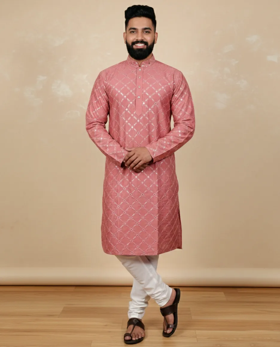 Pink Heavy Soft Silk Mirror Work Men's Kurta Pajama