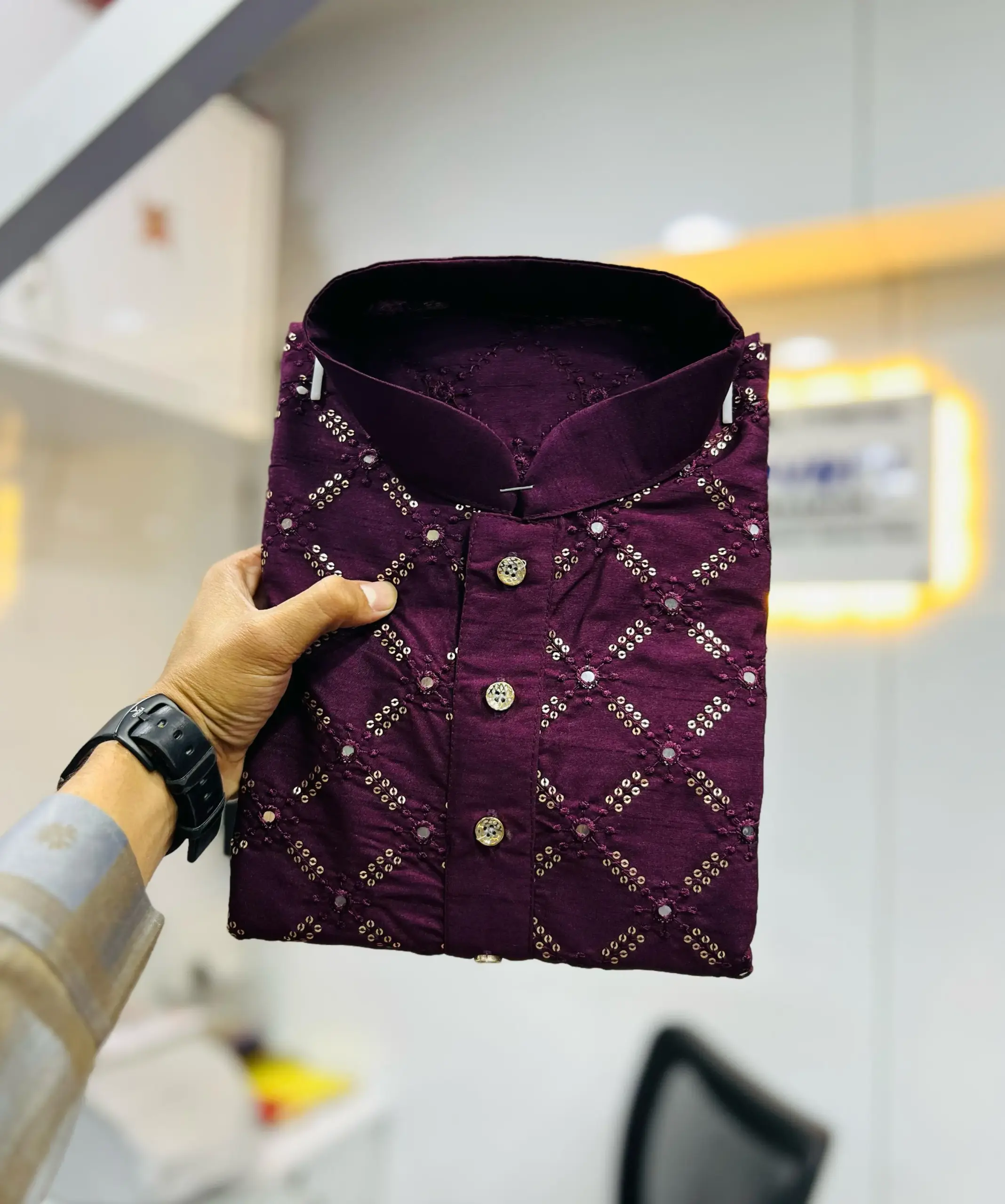 Wine Heavy Soft Silk Mirror Work Men's Kurta Pajama - Image 3