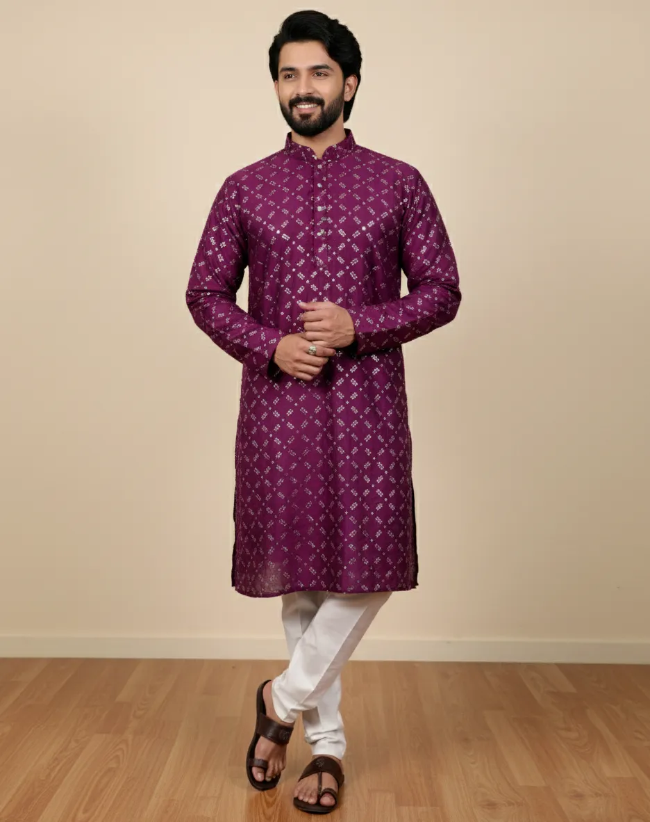 Wine Heavy Soft Silk Mirror Work Men's Kurta Pajama