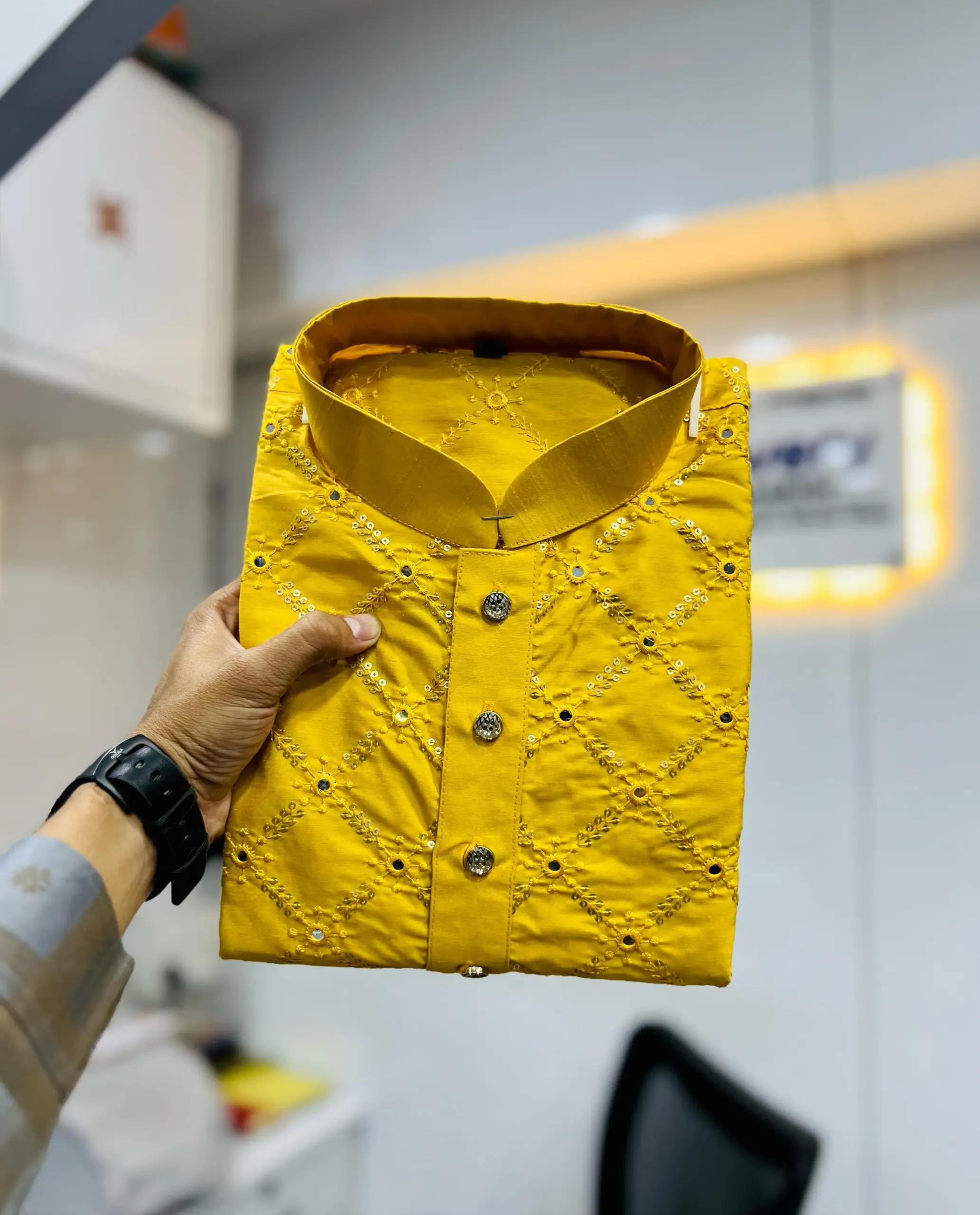 Yellow Heavy Soft Silk Mirror Work Men's Kurta Pajama - Image 3