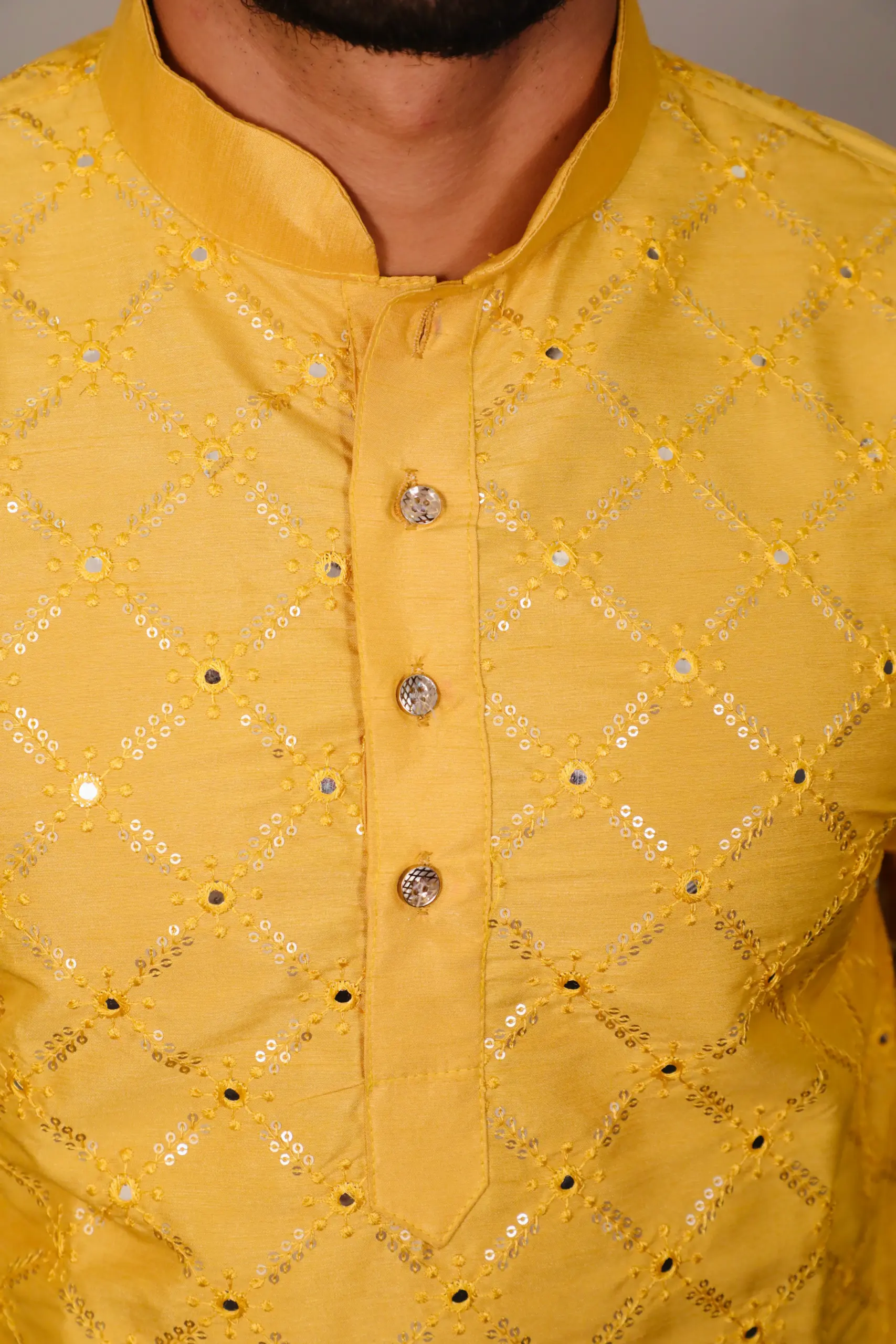 Yellow Heavy Soft Silk Mirror Work Men's Kurta Pajama - Image 2