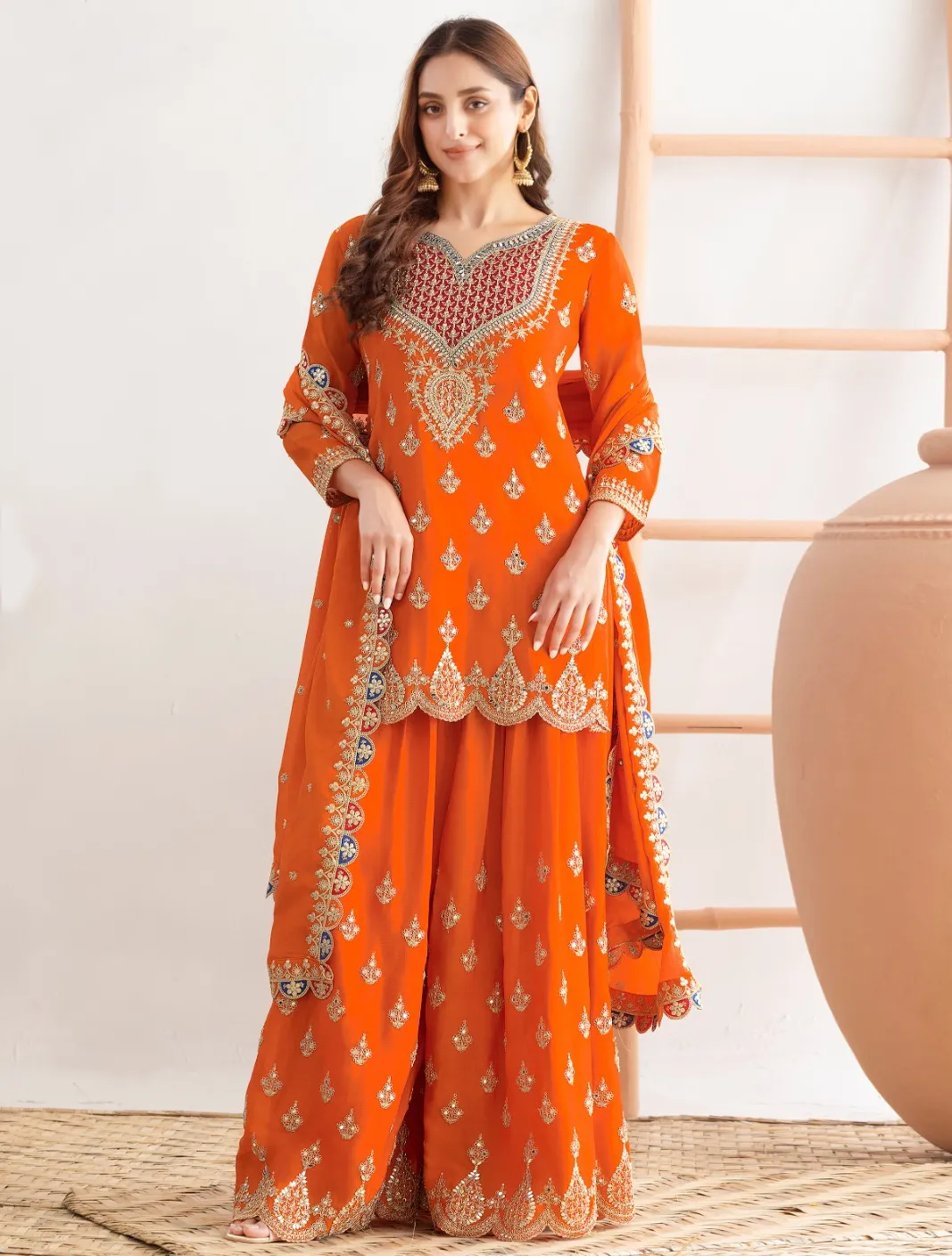 Orange Premium Finest Chinon Readymade Salwar Suit