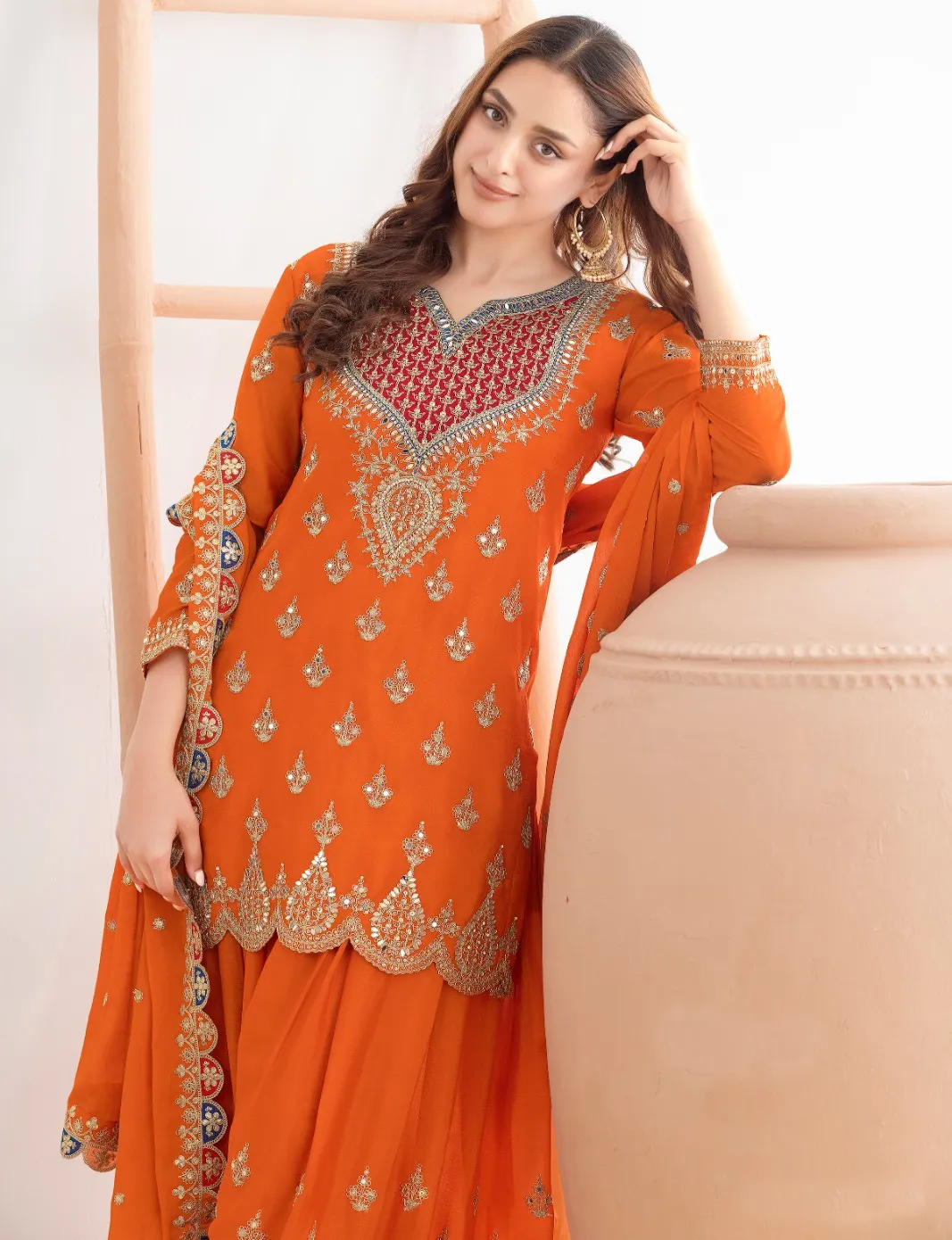 Orange Premium Finest Chinon Readymade Salwar Suit - Image 2
