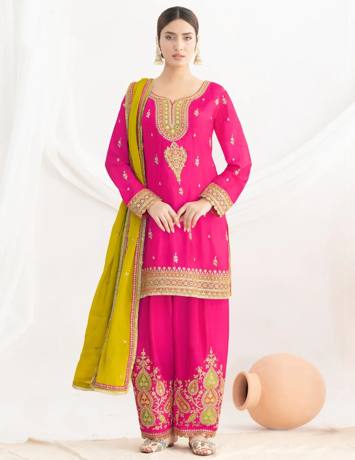 Pink Premium Chinnon Embroidered Readymade Salwar Suit