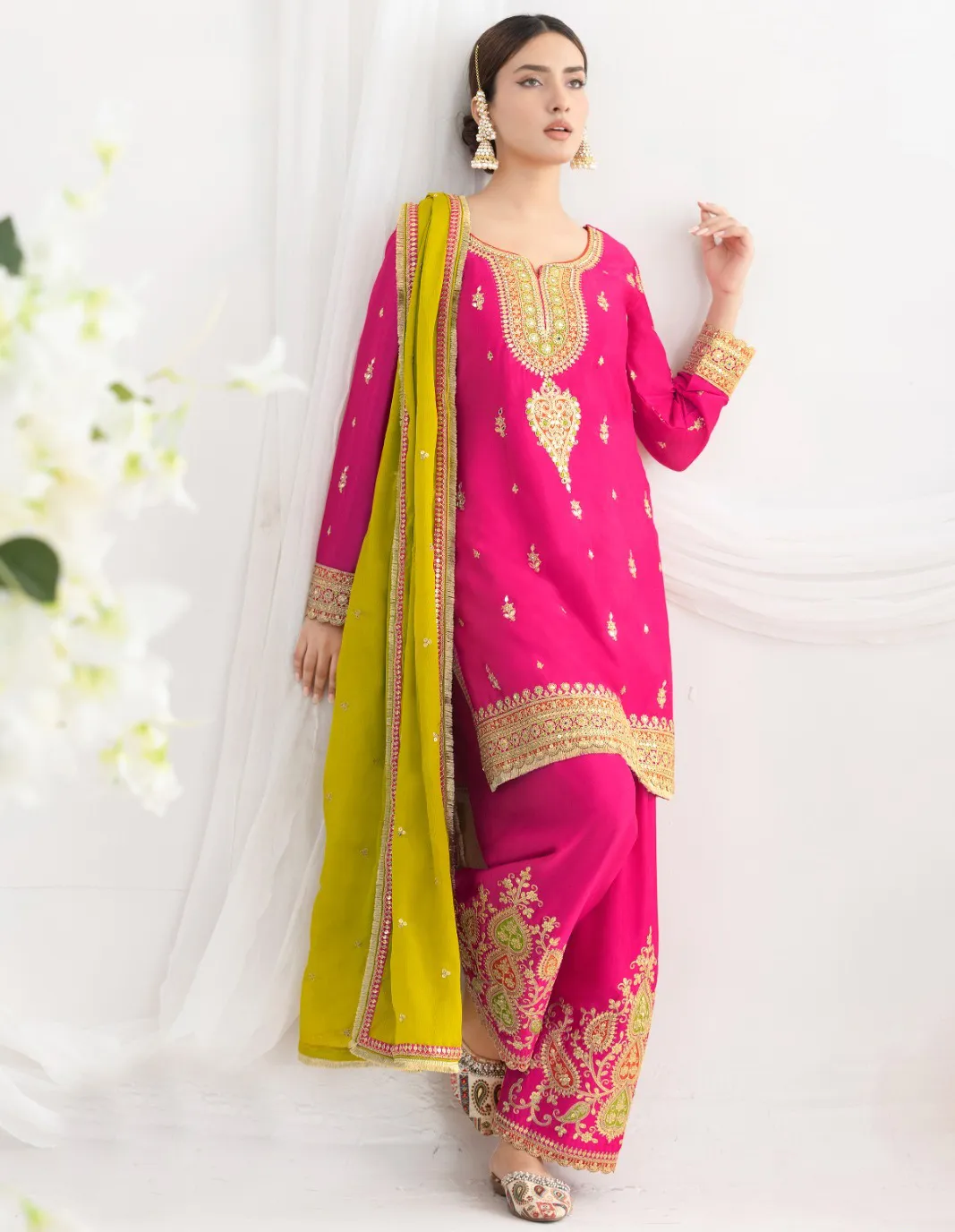 Pink Premium Chinnon Embroidered Readymade Salwar Suit - Image 2