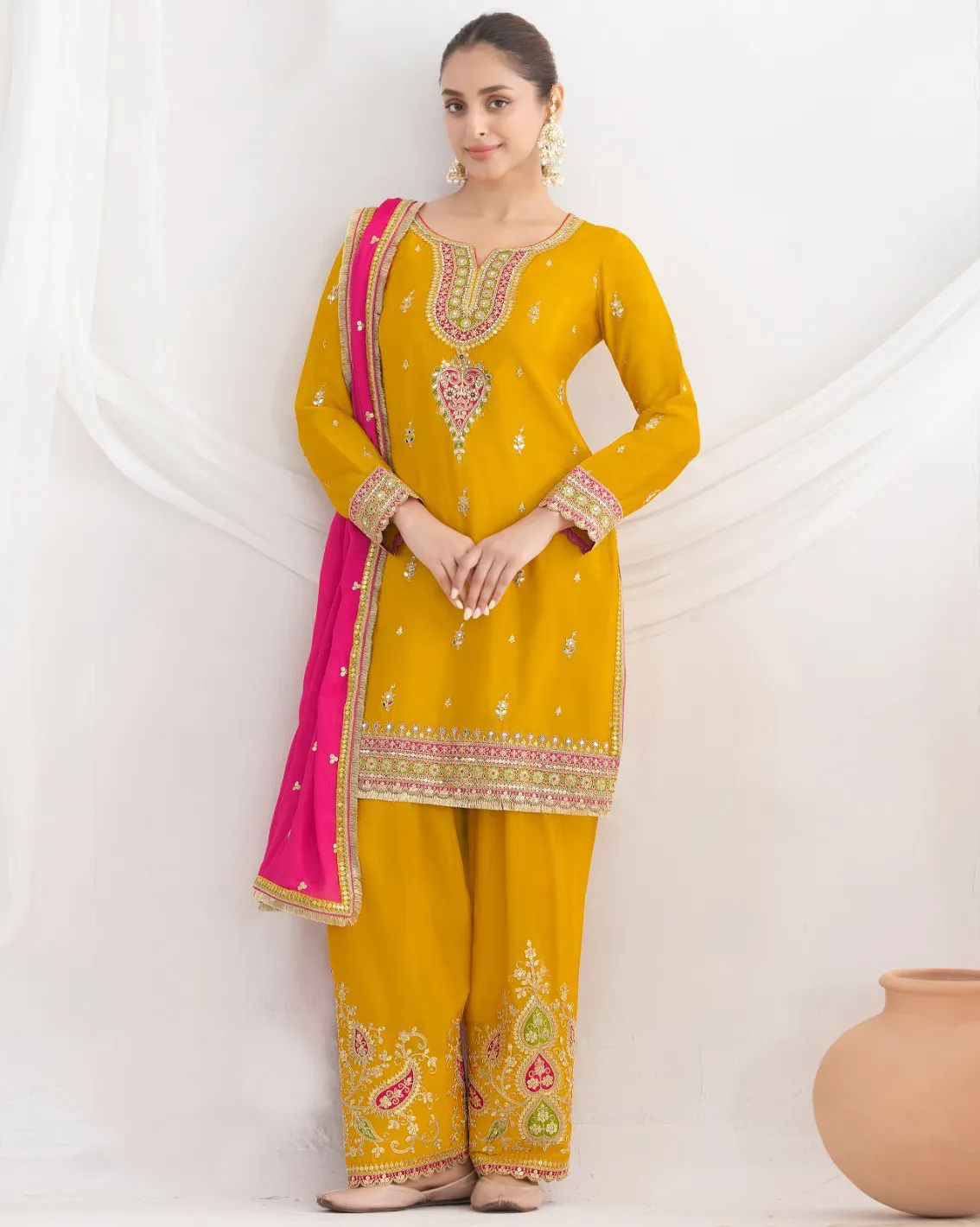 Mustard Premium Chinnon Embroidered Readymade Salwar Suit