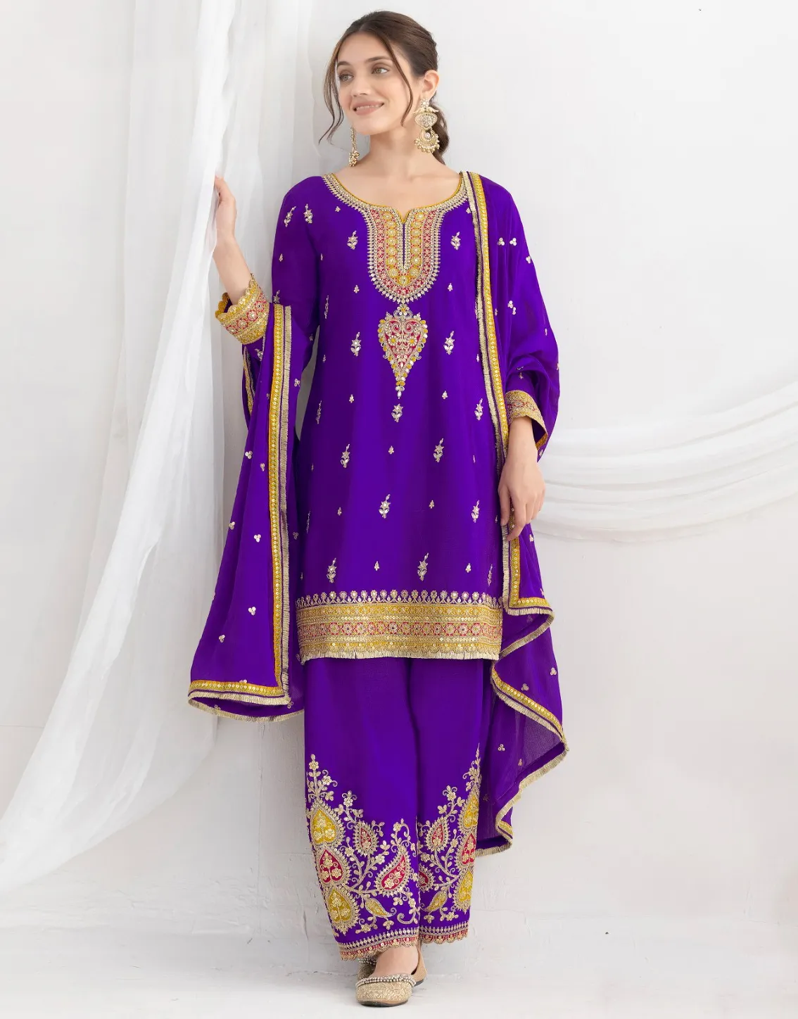 Royal Purple Premium Chinnon Embroidered Readymade Salwar Suit
