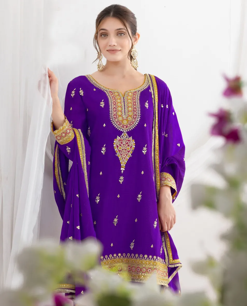 Royal Purple Premium Chinnon Embroidered Readymade Salwar Suit - Image 2