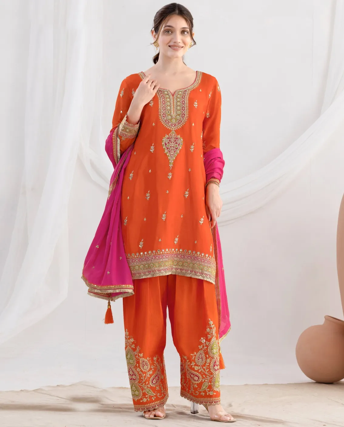 Orange Premium Chinnon Embroidered Readymade Salwar Suit