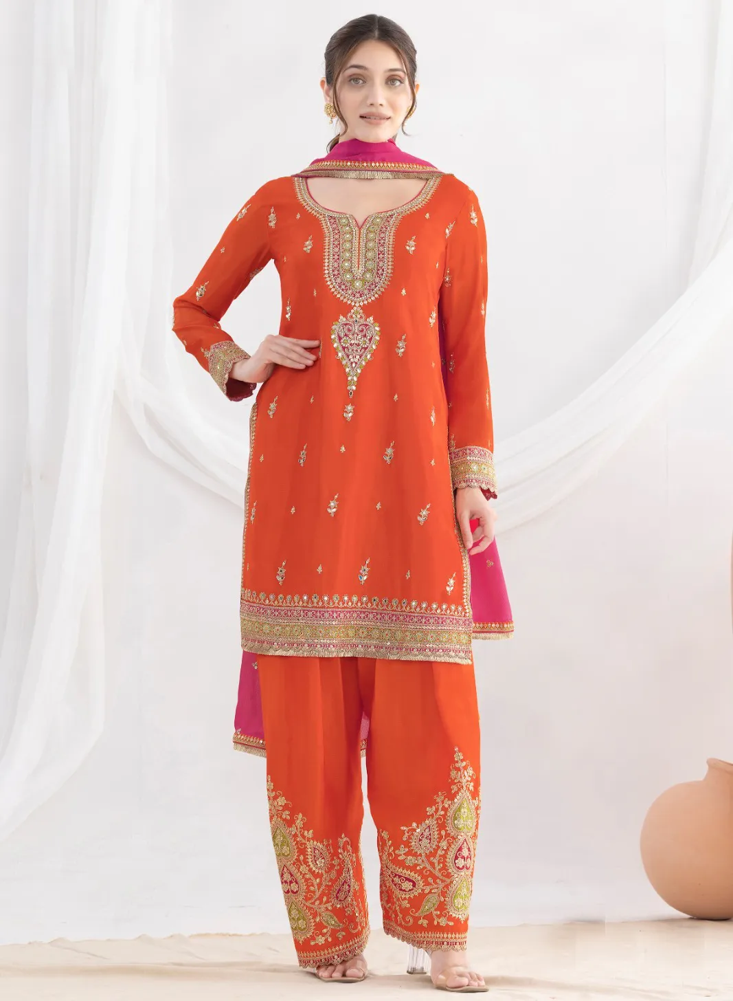 Orange Premium Chinnon Embroidered Readymade Salwar Suit - Image 2