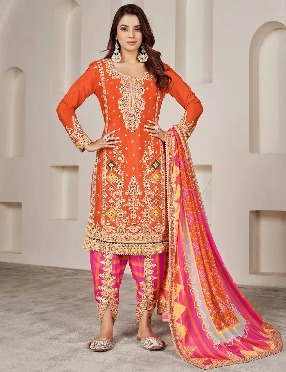 Orange Premium Fiber Chinnon Mirror Work Readymade Salwar Suit