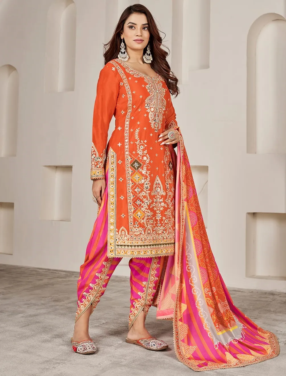 Orange Premium Fiber Chinnon Mirror Work Readymade Salwar Suit - Image 2