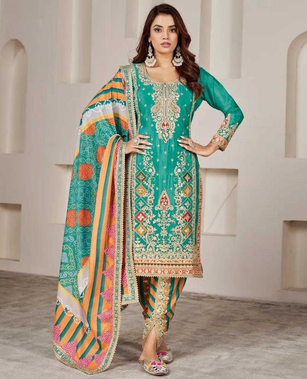 Teal Green Premium Fiber Chinnon Mirror Work Readymade Salwar Suit