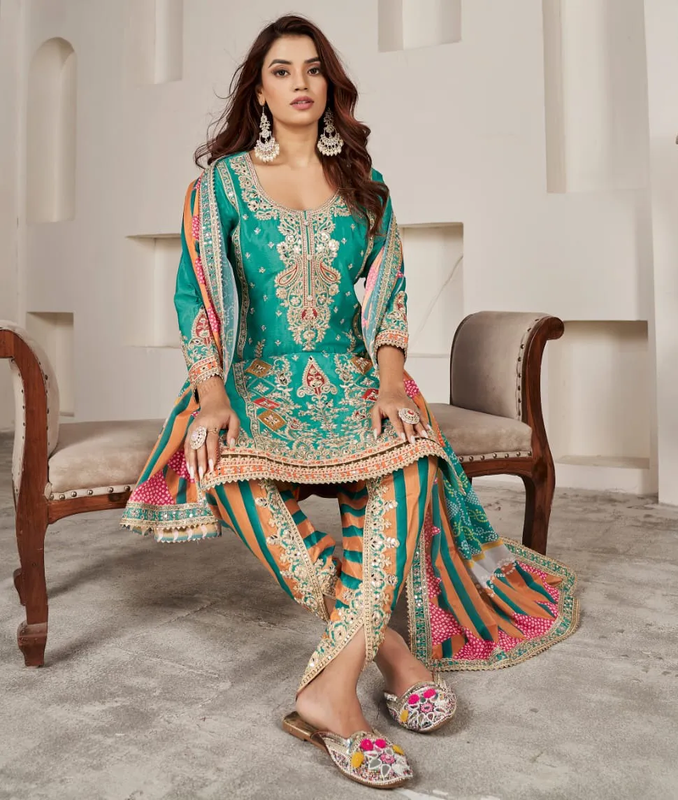 Teal Green Premium Fiber Chinnon Mirror Work Readymade Salwar Suit - Image 2