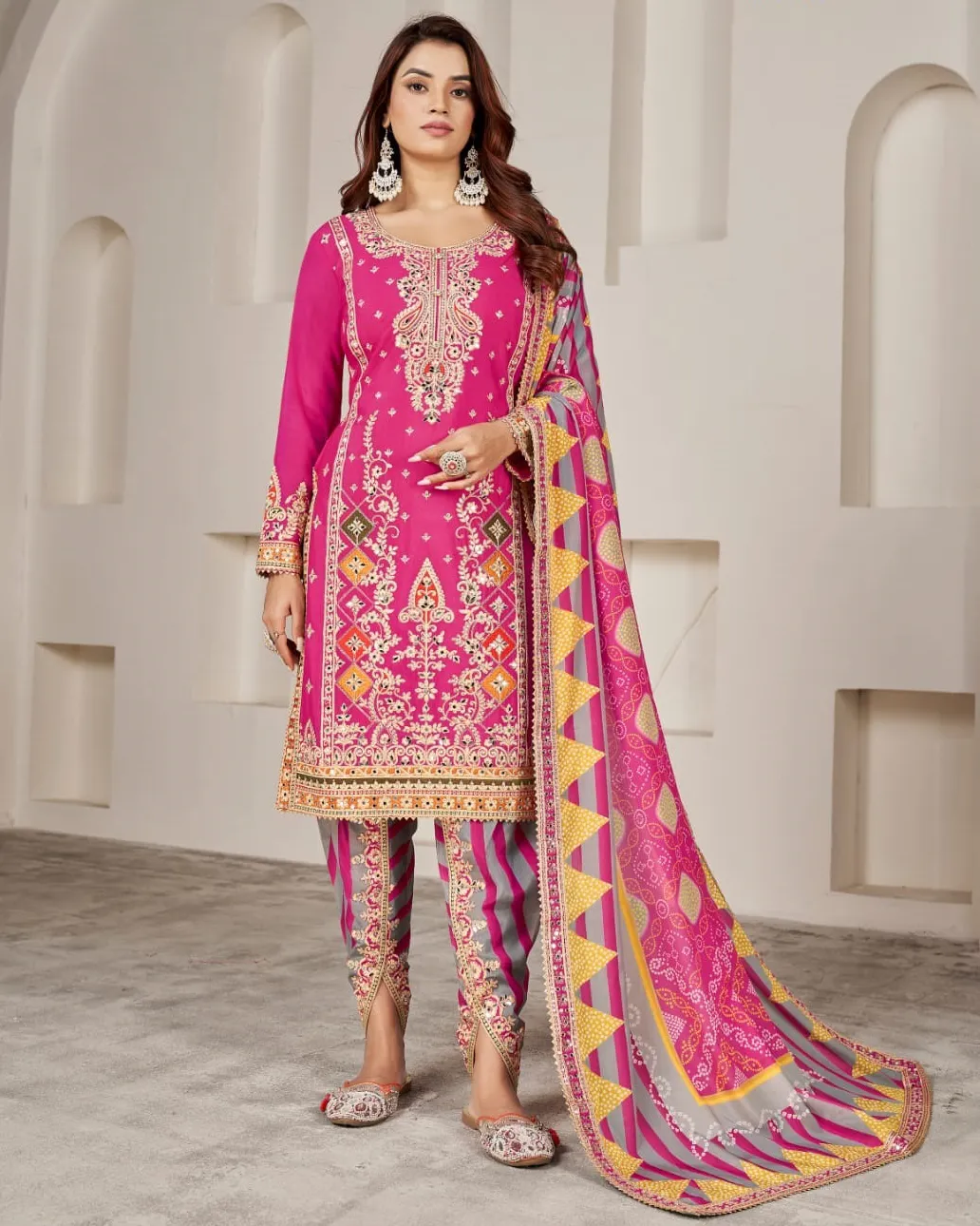 Pink Premium Fiber Chinnon Mirror Work Readymade Salwar Suit