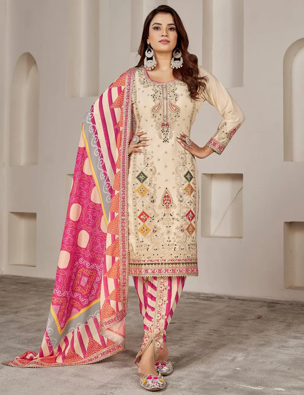 Cream Premium Fiber Chinnon Mirror Work Readymade Salwar Suit