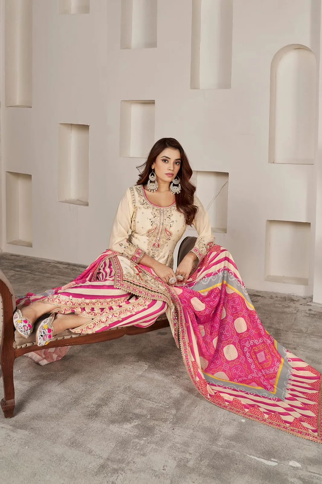 Cream Premium Fiber Chinnon Mirror Work Readymade Salwar Suit - Image 2