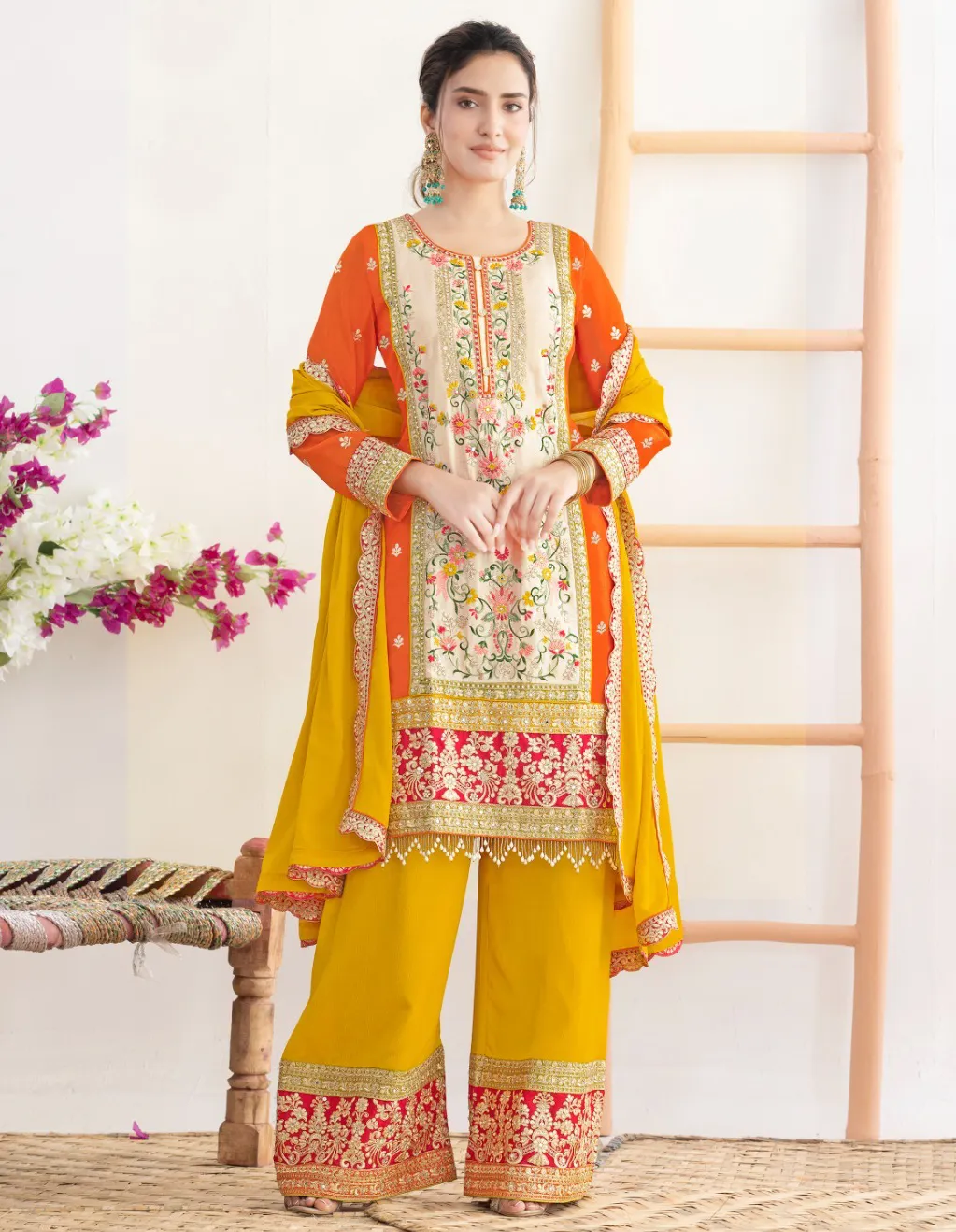 Orange Premium Chinnon Mirror Work Readymade Salwar Suit