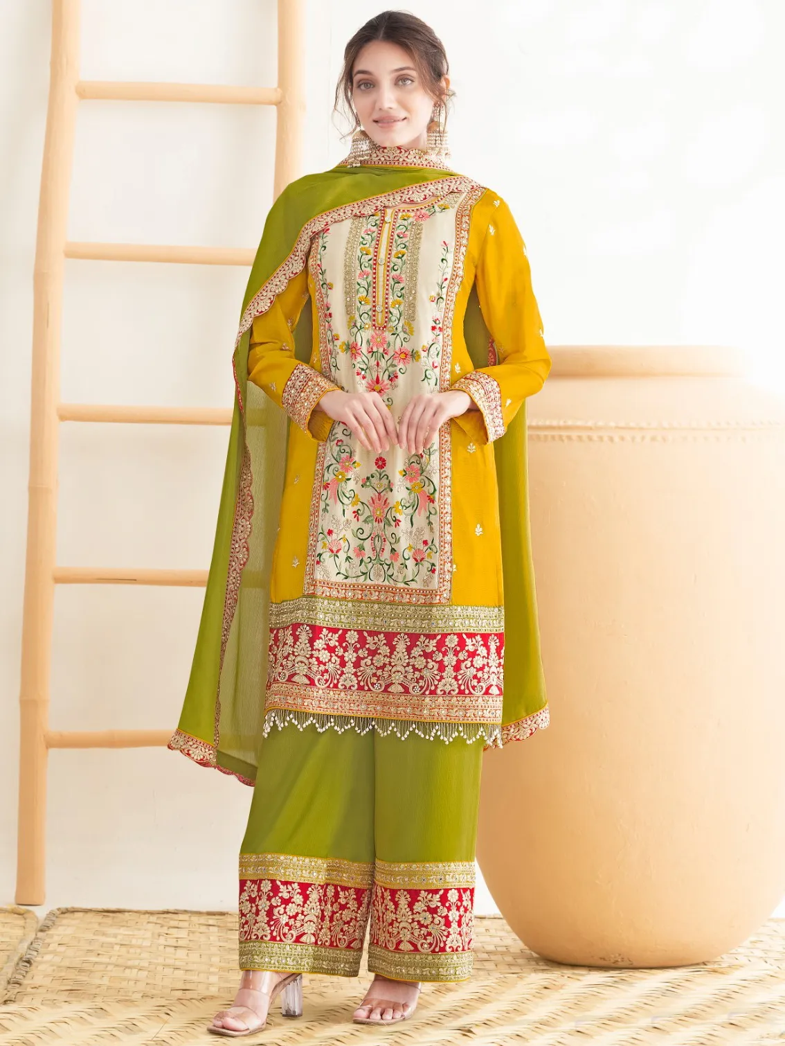 Mustard Premium Chinnon Mirror Work Readymade Salwar Suit