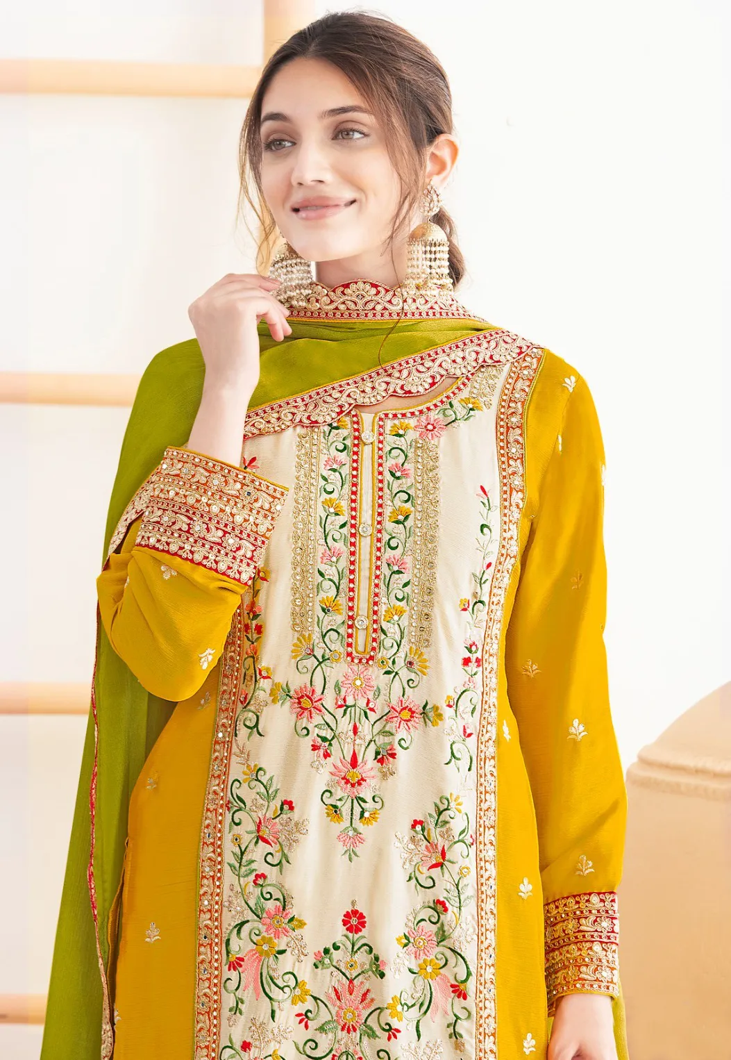 Mustard Premium Chinnon Mirror Work Readymade Salwar Suit - Image 2