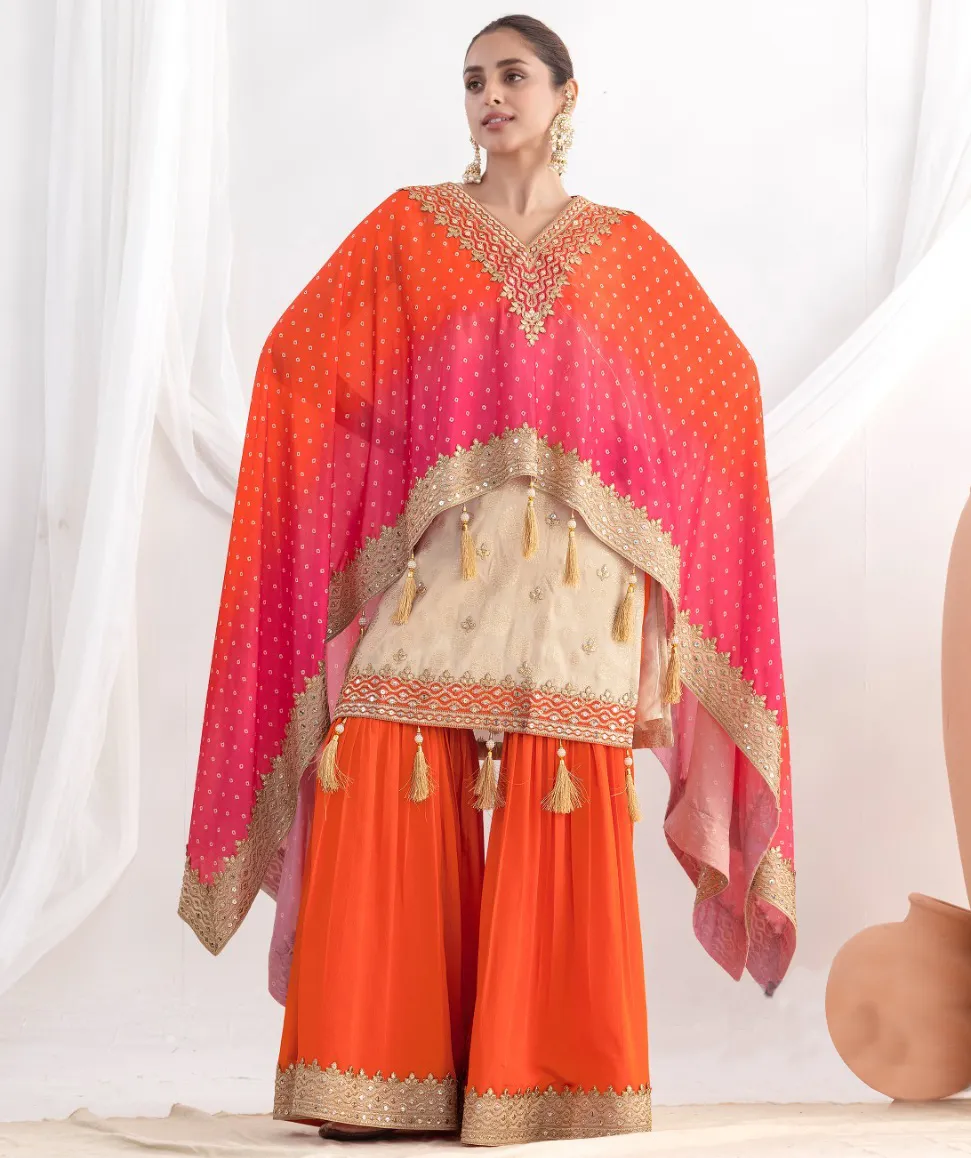 Beige Viscose Shimmer Jacquard Embroidered Readymade Suit - Image 2