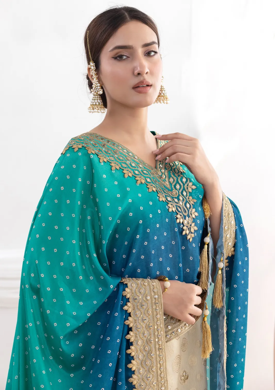 Beige Viscose Shimmer Jacquard Embroidered Readymade Suit - Image 3